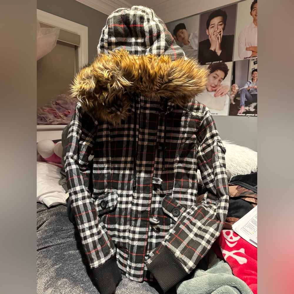 Checker print fur jacket